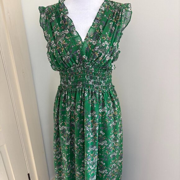 Emerald-Green Floral Maxi Dress with Smocked Waist by Max Studio, Size Medium - Picture 1 of 10
